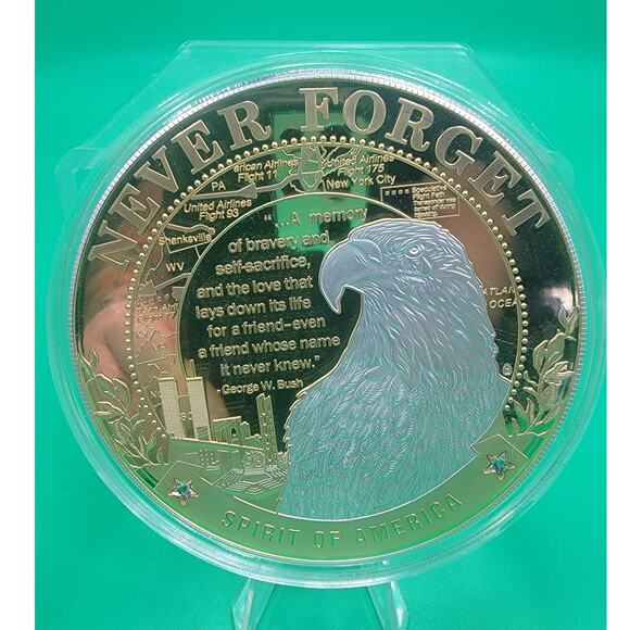 Always Remember 9/11-2021-100 mm Gold & Silver-Plated Coin & 4 Swarovski Crystal - Picture 2 of 6